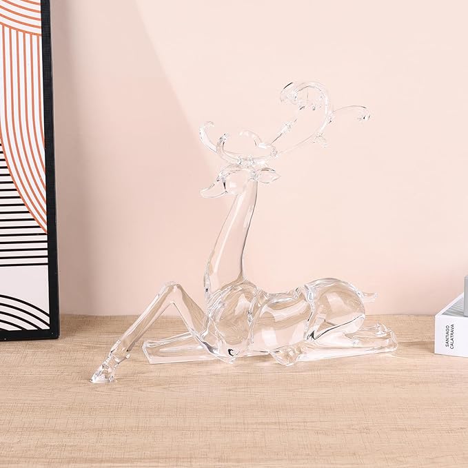 11" Tall Acrylic Christmas Reindeer Figurine - Elegant Clear Large Reindeer Ornaments for Christmas Indoor Decor, Holiday Centerpiece, Living Room, Fireplace, Table Display (Clear Sitting Reindeer)