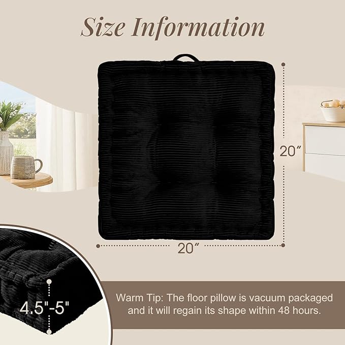 Wellsin Square Floor Pillows for Adults Kids - Meditation Floor Pillow Seating Cushion - Tufted Floor Cushion with Shredded Foam & Velvet Cover, 1 Pack, 20x20 Inch, Black