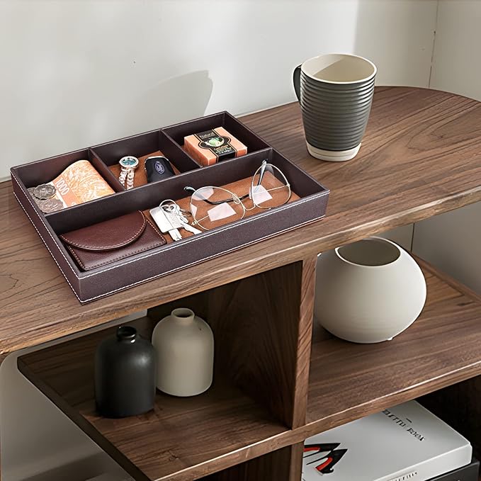 GORESE Faux Leather Valet Tray for Men, Stackable Jewelry Organizer for Drawers Inserts, Nightstand Caddy Tray for Key, Wallet, Sunglass, Watch, Coin, Phone, Bedside Desktop Storage Brown
