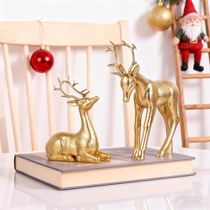 Set of 2 Gold Reindeer Christmas Decor Figurines - Hand-Painted Resin Deer Statues for Tabletop, Mantel, or Shelf, Elegant Gold Reindeer Decor and Christmas Deer Figurines for Holiday Home Decoration