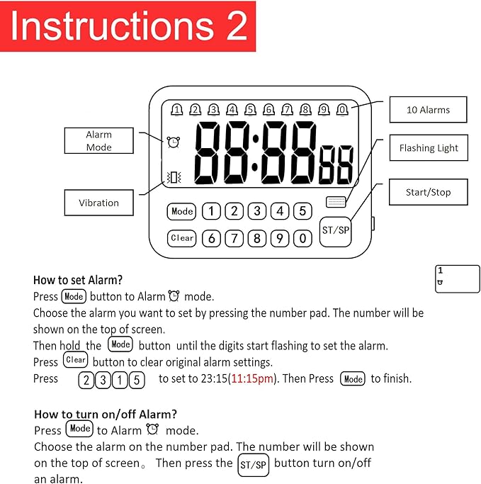 Digital Multifunction Timer with Clock, 10 Preset Alarms, Countup & Countdown, Memory Settings, White
