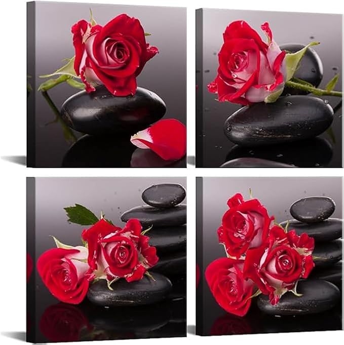 Yxbhhym-Black Red Canvas Wall Art Bedroom Stones Zen Wall Decor Rose Pictures Floral Poster print Spa Bathroom Wall Art for Living Room Decoration Kitchen Accessories Room Decor Framed Artwork