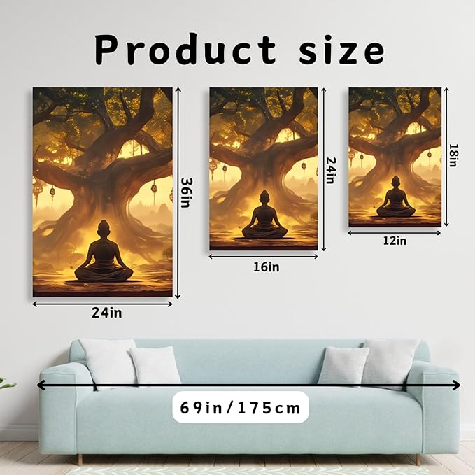 WithHope 3 Piece Buddha Canvas Wall Art, Buddha Home Decor, Buddhist Decorations, Zen Canvas Wall Art, Tree of Life Artwork, Zen Decorations, Modern Painting, Living Room Decor (16" x 24" x 3 pcs)