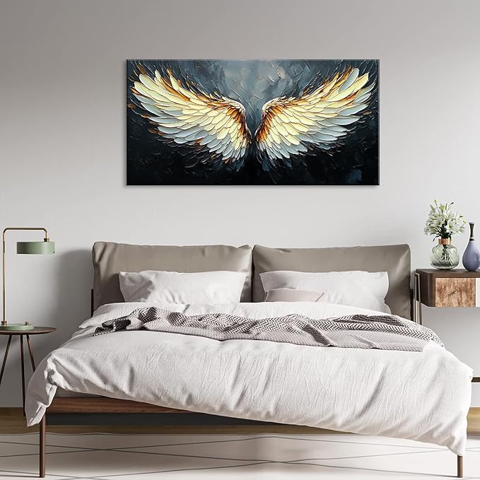 ZESTRILIA Angel Wings Wall Art for Girls Room Gold Gray Canvas Oil Painting Prints Modern Abstract Fantasy Anime Artwork Living Bedroom Office Decor Extra Large (58x28 Inches)