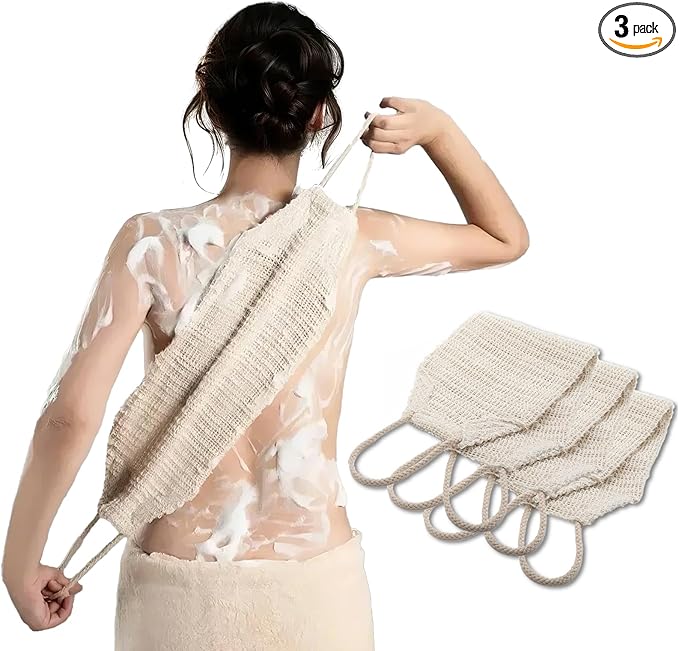 Natural Sisal & Ramie Exfoliating Body Scrubber for Shower with Handle(3 pcs) - Deep Cleanse Back Scrubber, Scrub Spa Tool for Glowing Skin & Whole Body Care (3pcs)