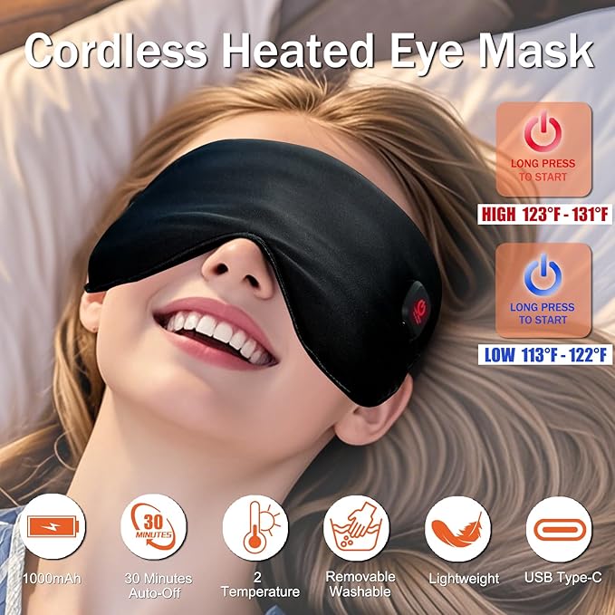 Rechargeable Cordless Heated Eye Mask for Dry Eyes - Adjustable Temperature Portable Eye Warm Compress for Migraines Styes Sinus & Sleep Ideal Gift for Men Women