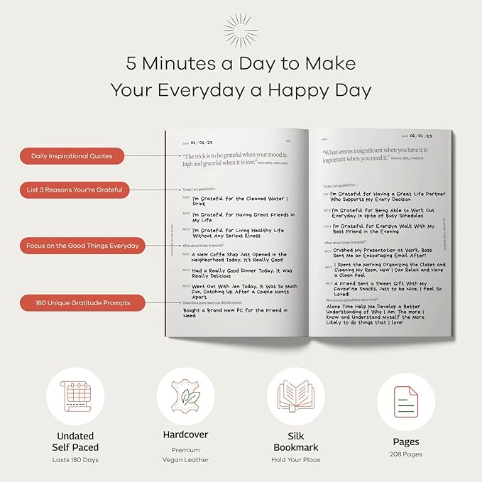 Gratitude Gifted 5-Minute Guided Gratitude Journal – Daily 180 Prompts, Self-Care Mindfulness & Reflection, Leather Hardcover, Undated to Foster Happiness, Wellness, Positivity for Men & Women