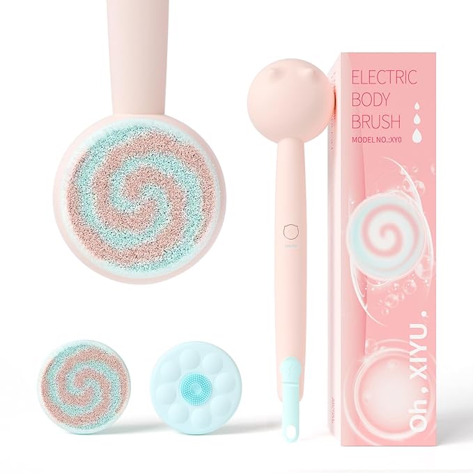 Electric Back Scrubber for Shower Body Brush, Waterproof Shower Body Scrubber for Cleansing, Massaging, Rechargeable Bath Brush for Kids & Adults with 2 Heads & 3 Speed Modes, Berry Pink XY0