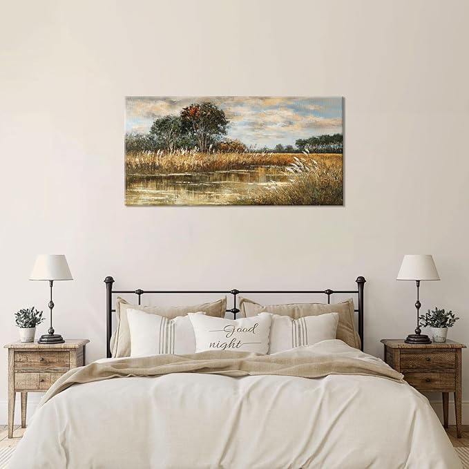 ZESTRILIA Wilderness Meadow Canvas Wall Art Wildflower Field Tree Oil Painting Reproduction Print Rustic Retro Vintage Artwork Landscape Picture for Country Farmhouse Living Room Bedroom (20x40inch)