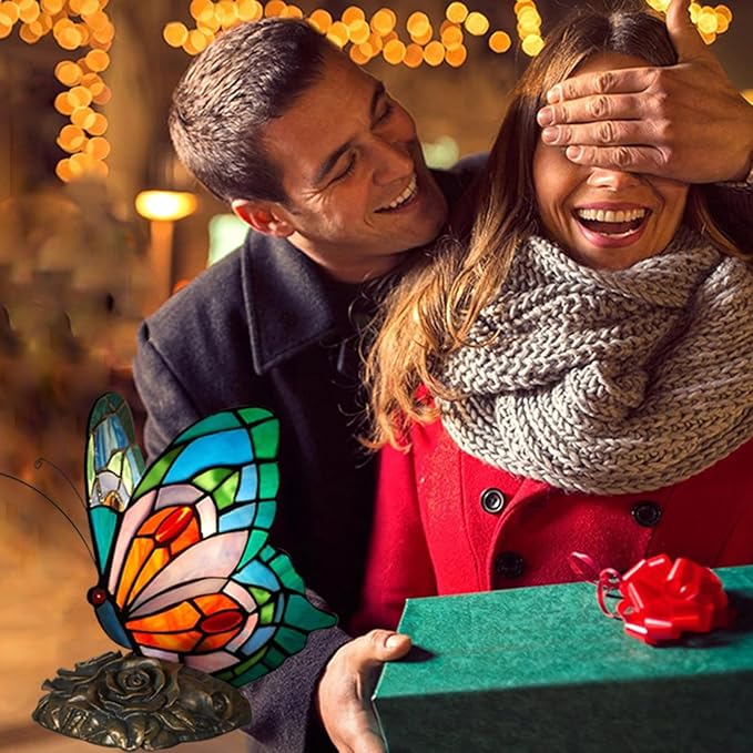 Bedside Table Lamp LED Tiffany Blue Fairy Butterfly Nightstand Table Lamps Stained Glass Shade ON Off Switch Home Office Desk Lamp Night Light Girl Grandma Mothers Day Gifts W/Gift Box