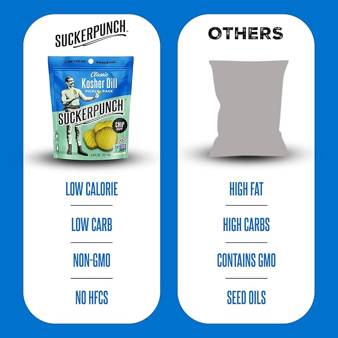 SuckerPunch Classic Dill Pickle Chips, Snack Pack, Gluten Free, Kosher, Sugar Free, Low Calorie, Low Carb, Ready to Eat, on the Go, Non GMO, Keto Friendly, Vegan, 3.4 Oz, Single Serve Pouch (12 Pack)