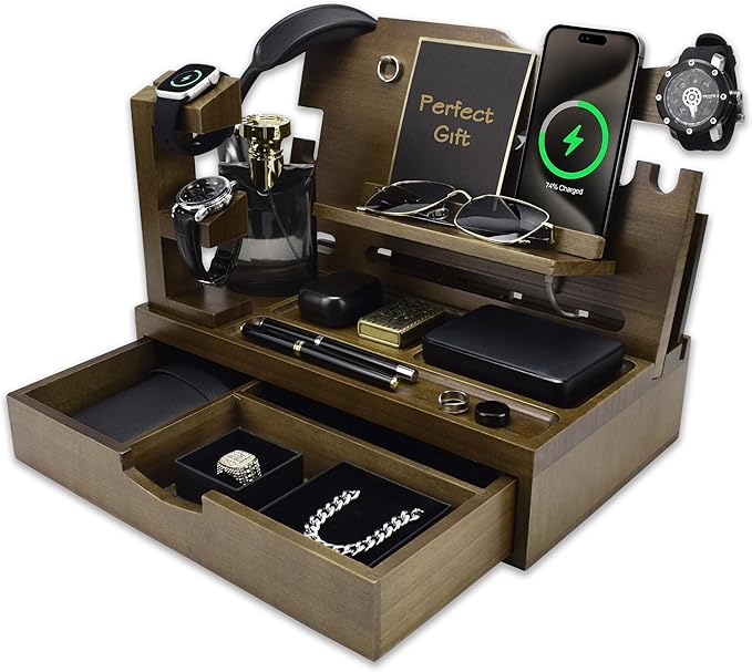 Nightstand Organizer for Men with Large Drawer, Birthday Gifts for Men, Phone Docking Station, Bedside Organizer for Nightstand for Apple Watch, Laptop (Brown, Solid Wood)