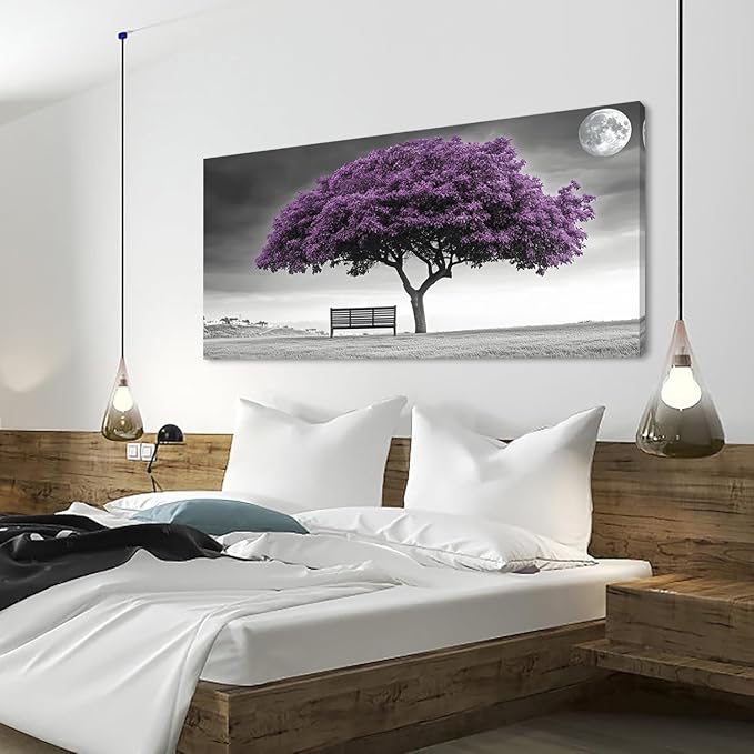 ZESTRILIA Country Purple Tree Wall Art for Living Room Office Violet Gray Moon Canvas Painting Prints Artwork Dining Bedroom Decor Extra Large (58x28 Inches)