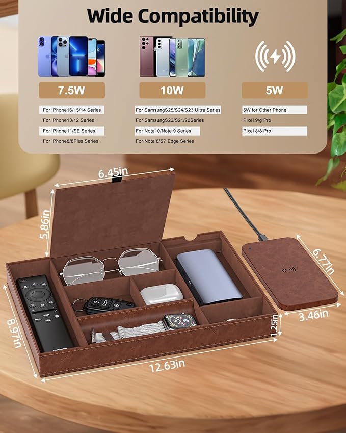 Valet Tray with Wireless Charger, Nightstand Organizer, Leather Desk Drawer Organizer Tray with 7 Compartments for Jewelries, Watch, Key, Wallet, Phone, Brown