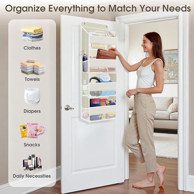 1 Pack Over The Door Organizer, Hanging Storage Organizer with Clear Window, 40lb Ultra Sturdy Large Capacity Room Organizer for Pantry Bathroom Nursery Closet Baby Essential (Beige)