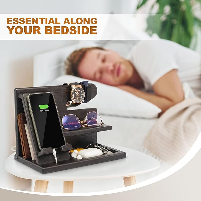 TESLYAR Wood Phone Docking Station for Men - Desktop or Nightstand Organizer - Birthday Gifts for Men, Dad - Anniversary Idea from Wife - Key Holder, Stand Wallet, Watch & Essentials (Black)