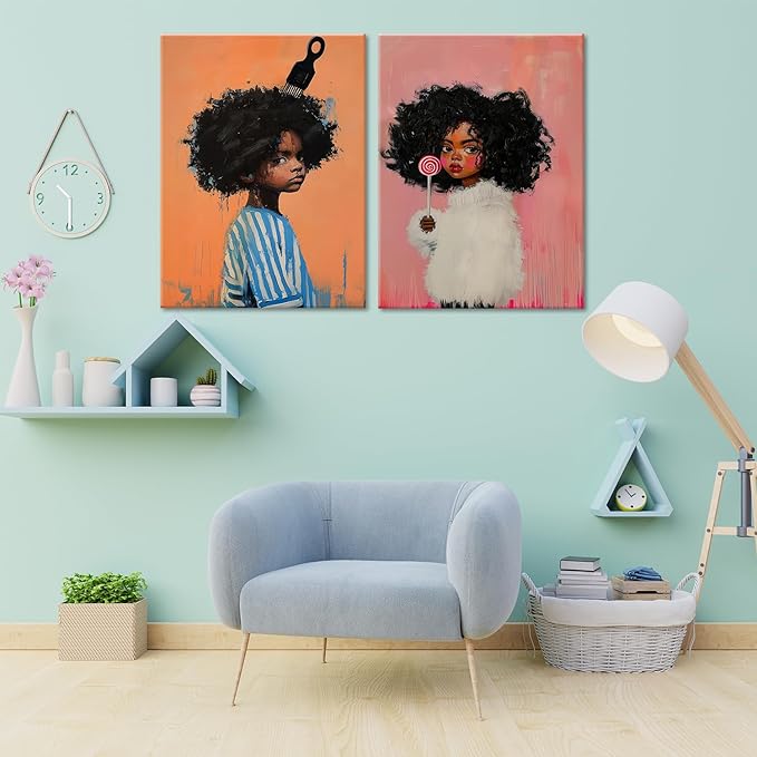 Black Kids Wall Art - Afro American Children Canvas Prints, Modern African American Portrait Paintings for Girls Bedroom, Cute Black Girl Nursery Art, Cultural Wall Decor, Framed16 x 24inches X2piece
