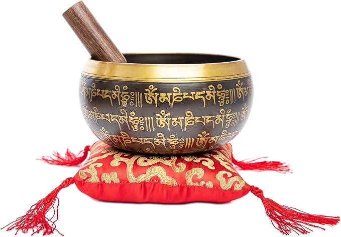 Tibetan Singing Bowl Set - 4" Easy To Play Authentic Handmade For Meditation Sound 7 Chakra Healing By Himalayan Bazaar (Black & Red)