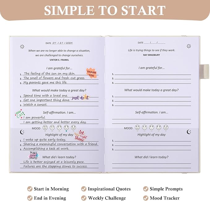 Gratitude Journal with 4 Inspirational Stickers: Undated Daily Gratitude Journal for Women and Men - More Happiness, Affirmation, and Mindfulness in A Few Minutes with Prompts & Quotes (Beige)