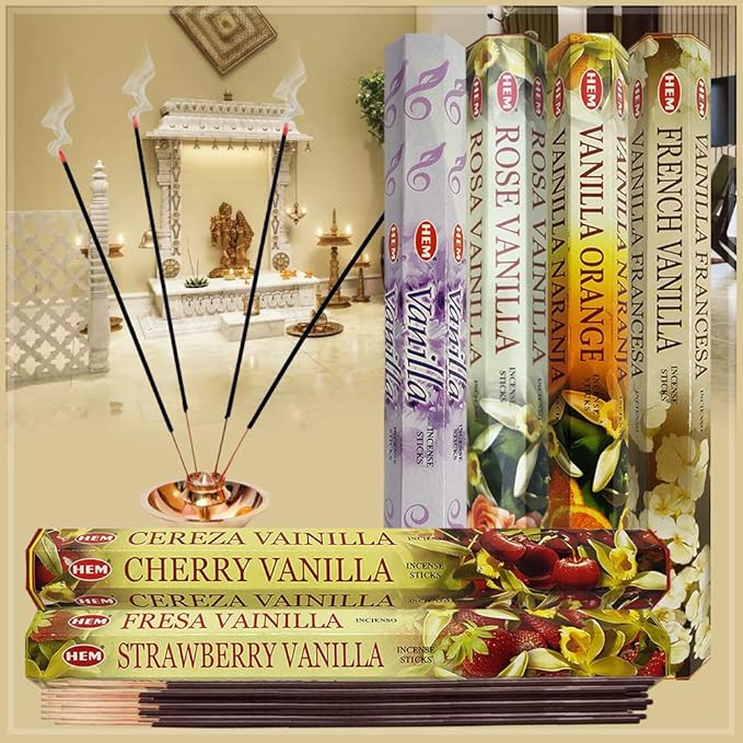 Hem Incense Sticks Variety Pack #18 and Incense Stick Holder Bundle with 6 Vanilla Fragrances