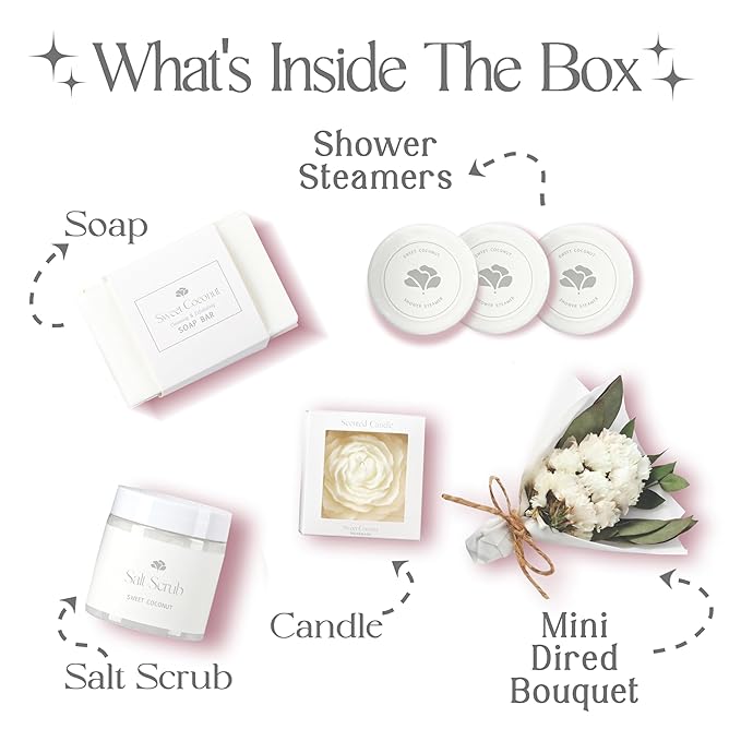 Sweet Coconut Small Spa Gift Set for Women – Relaxation Gift Basket with Candle, Soap, Salt Scrub & Shower Steamers – Unique Birthday, Bridal Shower, Thank You & Self Care Gifts