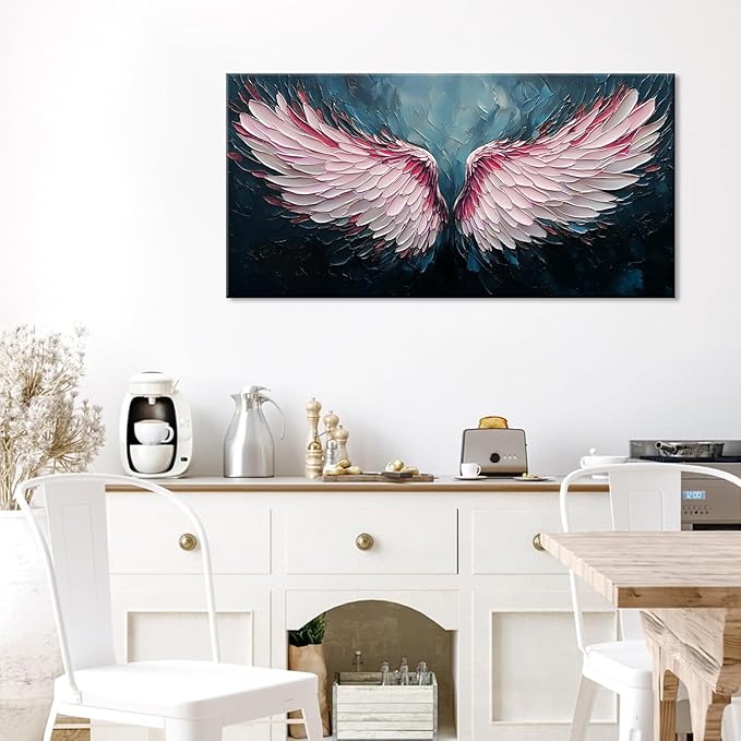ZESTRILIA Angel Wings Wall Art for Girls Room Pink Navy Blue Canvas Oil Painting Prints Modern Abstract Fantasy Anime Artwork Living Bedroom Office Decor (30x16 Inches)