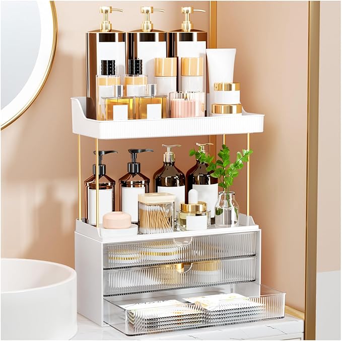 3 Drawers Bathroom Counter Organizer - 5 Tier Makeup Organizer, Versatile Perfume Organizer, Ideal for Bathroom Storage, Vanity, Large Skincare, Perfume, Present, Clear