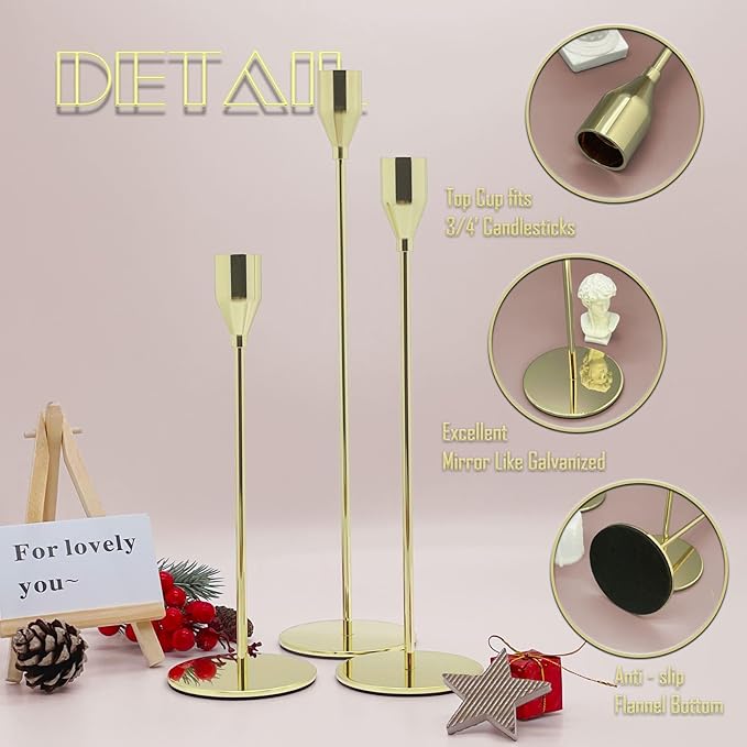 6Pcs Lemon Gold Candlestick Holders Set Fit 3/4" Tall Taper Candle Home Decorative Table Centerpieces for Family Dinning, Party Decoration