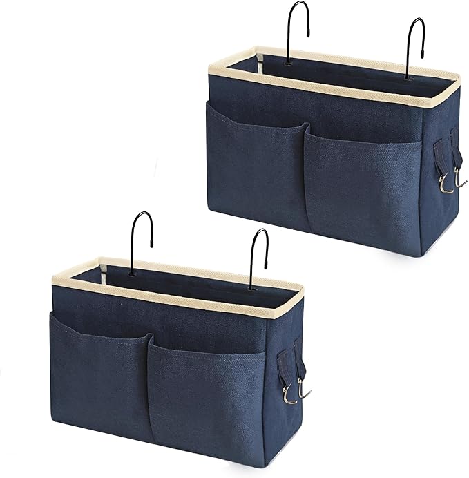 Bedside Caddy Bedside Hanging Storage Basket Multi-Function Organizer Caddy for Bunk and Hospital Beds Dorm Rooms Bed Rails, Can be Placed Glasses Books Mobile Phones(2pc Navy Blue)