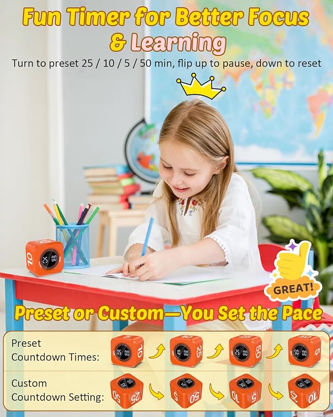 Pomodoro Timer Cube Visual Productivity Flip Timer for Kids Classroom Desk, 5/10/25/50min& Custom Countdown, Silent&Sound Mode Digital Cube for ADHD Study Work School Game Kitchen (Orange)