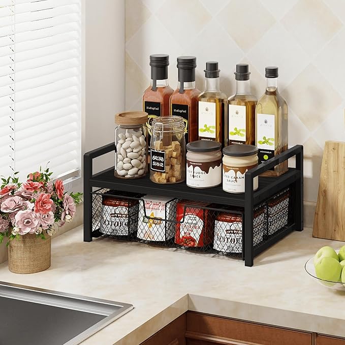 Homode Wood Tea Bag Organizer, Teabag Holder with Drawer, Tea Organizers and Storage Box, 8 Compartments Tea Caddy Station Chests Display Container for Counter Kitchen, Black