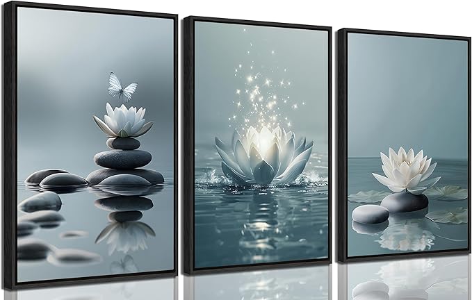 3Pcs Framed Zen Stones Lotus Spa Canvas Wall Art White Lotus Blooming on Stones Painting Picture Wall Decor Modern Spiritual Poster Print Artwork for Yoga Spa Meditation Spiritual Room Home Decoration