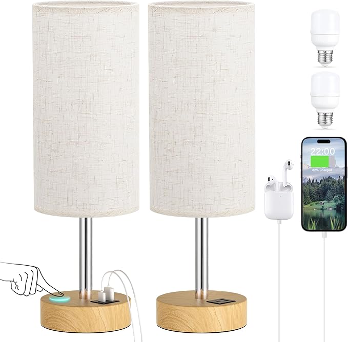 Touch Bedside Lamps Set of 2-3 Way Dimmable Table Lamps for Bedroom, Nightstand Lamp with Wooden Charging Station for Kids Room Dorm, Small Desk Lamp for Living Room, Office, Kids Room, Nursery
