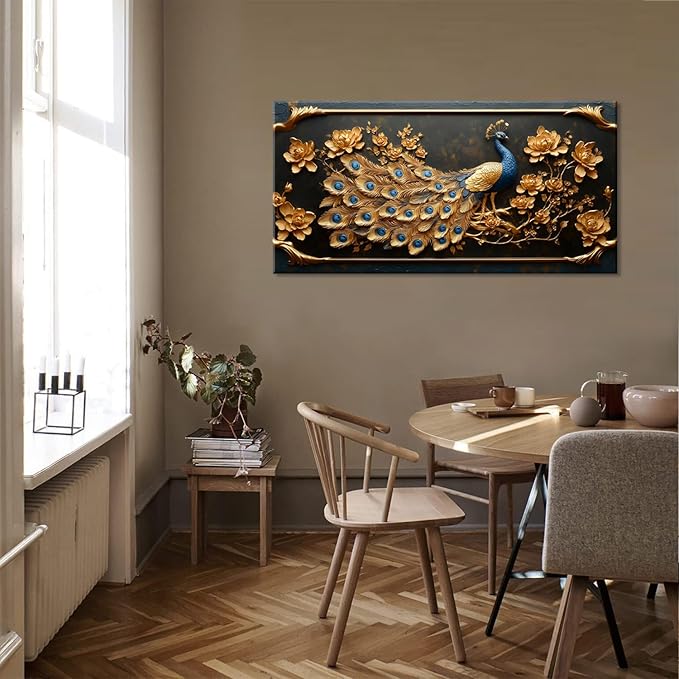 ZESTRILIA Pretty Peacock Wall Art for Living Room Office Gold Country Rustic Retro Asian Canvas Painting Prints Golden Vintage Elegant Peackock Artwork Dining Bedroom Decor (40x20 Inches)