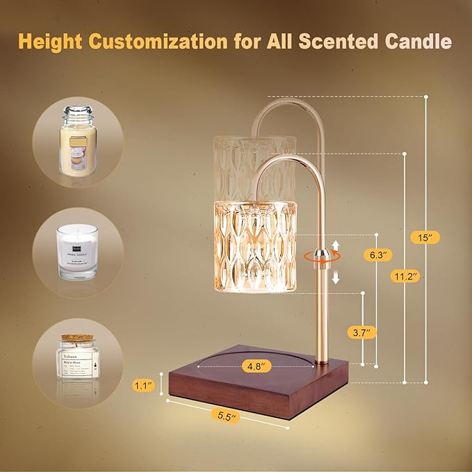 Candle Warmer Lamp, Candle Warmer Light with Timer & Dimmer, Candle Warmer Lamp Adjustable Height, Compatible with Jar Scented Candles, Candle Warming Lamp with 3 Bulbs for Home Decor