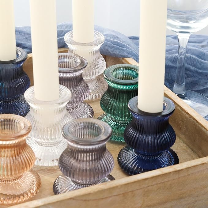 WDHODEC Christmas Taper Candle Holders 12PCS Glass Candlestick Holders for Table Centerpiece Colorful Candle Sticks for Wedding, Party and Winter Decoration(Blue&Green)