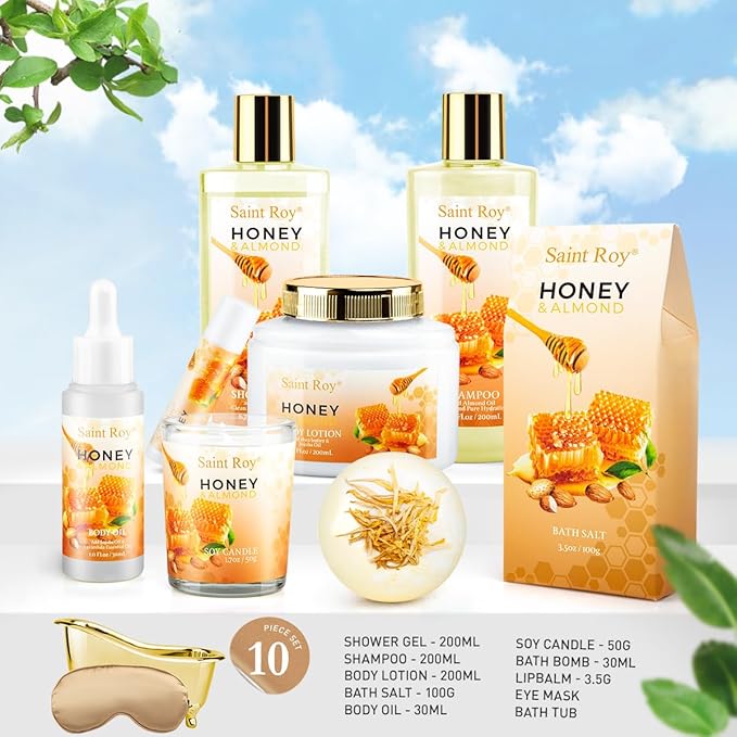 Christmas Gifts for Women Bath & Body Gift Set, Luxury Home Spa Bath Gift Basket, Honey Almond Scented Bath Set, Pamper Gifts Birthday gifts & Teens, Spa Kit Gift, Home Spa Gifts for Men Dad