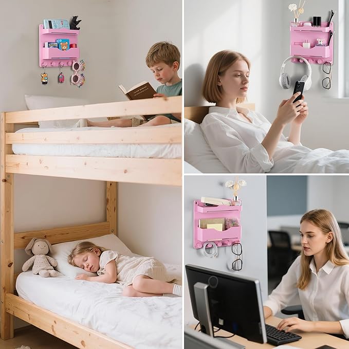 JUMEIHUI Bedside Shelf Accessories Organizer with Glasses Hooks, Wall Mount Self Stick On, Cute Room Decor Aesthetic, Girls Room Decor with 50 PCS Motivational Text Graffiti Stickers (Pink)