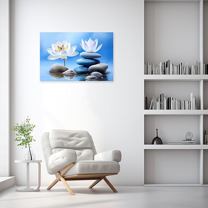 ARTZGX Zen Canvas Wall Art for Bathroom Lotus Pictures Blue Spa Stone Painting Butterfly Flower Artwork for Yoga Decor Frame(Zen - B 20.00" x 30.00")