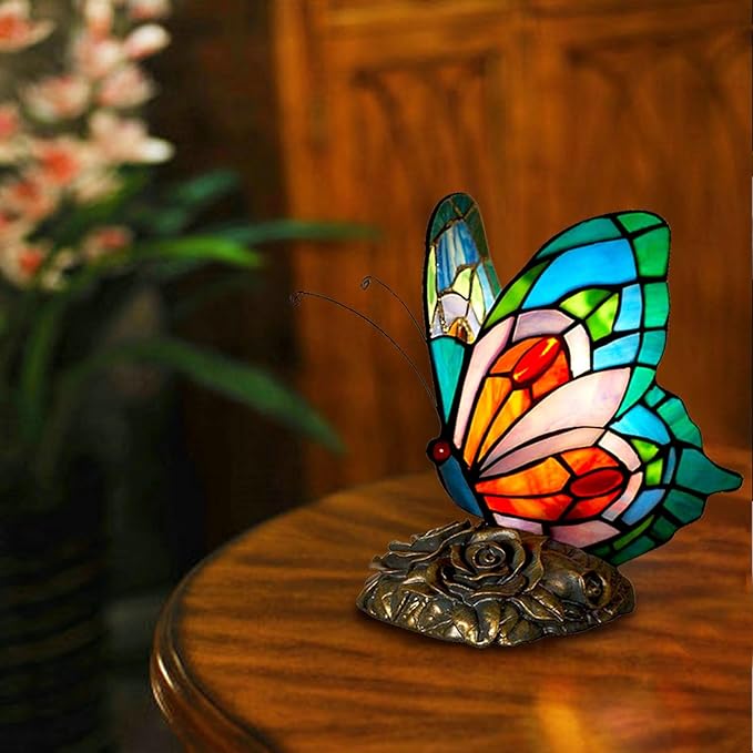 Bedside Table Lamp LED Tiffany Blue Fairy Butterfly Nightstand Table Lamps Stained Glass Shade ON Off Switch Home Office Desk Lamp Night Light Girl Grandma Mothers Day Gifts W/Gift Box