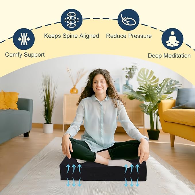 Wellsin Solid Square Floor Pillows for Adults Kids - Large Meditation Floor Pillow Seating Cushion with Thick Foam & Washable Velvet Cover, 2 Pack, 22x22x5 Inch, Black