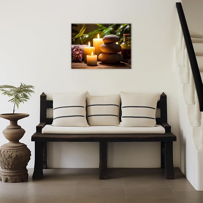 GLOKAKA Zen Canvas Wall Art Stacked Spa Stones White Candle Painting Relaxation Artwork Meditation Decor for Spa Yoga Room Bathroom Ready To Hang(Artwork-3,24"x36")