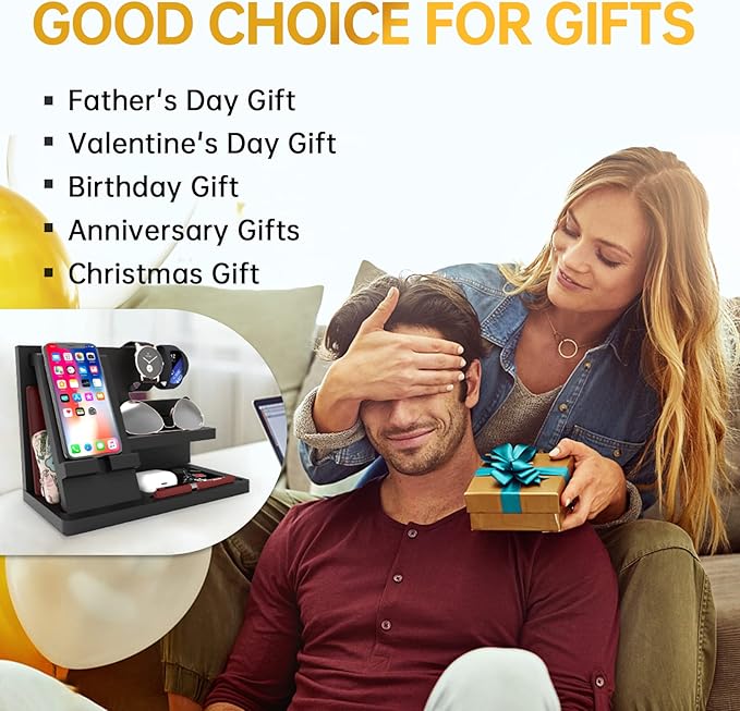 Gifts for Men Desk Organizer Wooden Phone Docking Station Key Wallet Holder Watch Organizer Men Birthday Gifts for Dad Birthday Gift Nightstand Organizer
