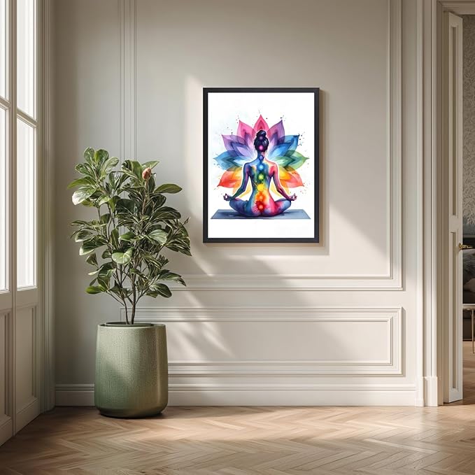 GELDSTEI Wood Framed Zen Wall Art, Chakra Yoga Wall Decor, Colorful Meditation Poster Print, Spiritual Canvas Painting, Vibrant Meditating Woman Aesthetic Picture for Living Room Yoga Studio 16"x24"