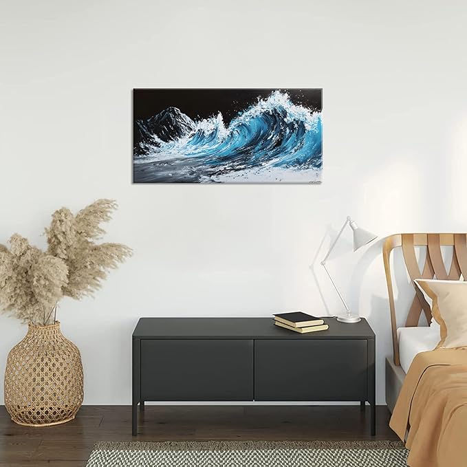 ZESTRILIA Waves Wall Art Blue Sea Oil Painting Reproduction Print Modern Wave Abstract Canvas Paintings Waterproof Artwork Picture for Living Room Bedroom Home Office Kitchen Décor (20x40inch)