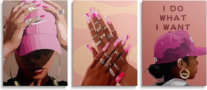 Unframed Black Girl Canvas Wall Art pink trend American Black Woman Posters Prints Wall Decor Pictures for Home Living Room Bedroom study Decoration,Unframed16 x 24inches X3piec