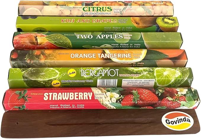 Sreevani Incense Sticks Variety Pack #14 and Incense Stick Holder Bundle Gift Set with 6 Fruity Fragrances