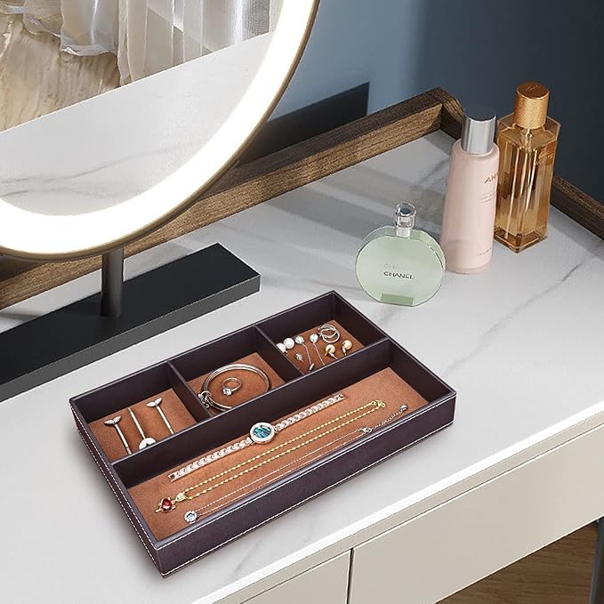 GORESE 2 Pieces Faux Leather Valet Tray for Men, Stackable Jewelry Trays for Drawers, Mens Dresser Top Organizer for Key, Wallet, Sunglass, Watch, Coin, Phone, Nightstand Bedside Tray Brown