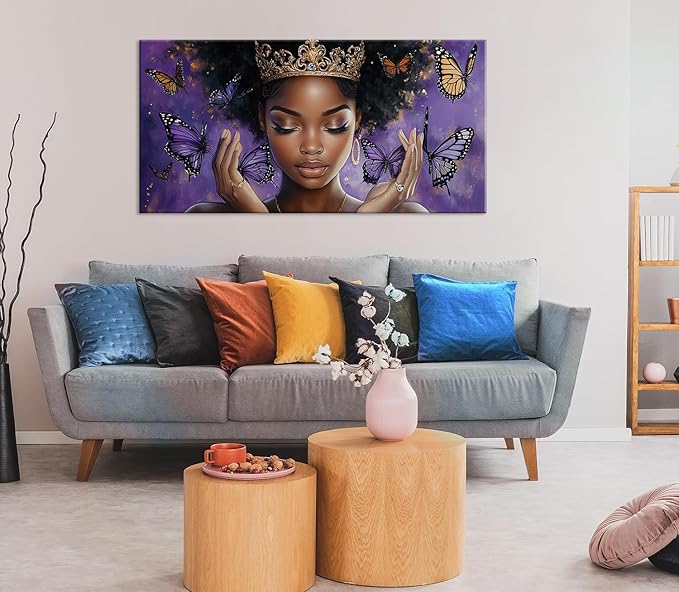 ZESTRILIA African American Wall Art for Girls Room Purple Black Butterfly Canvas Painting Prints Artwork Living Bedroom Office Decor (40x20 Inches)