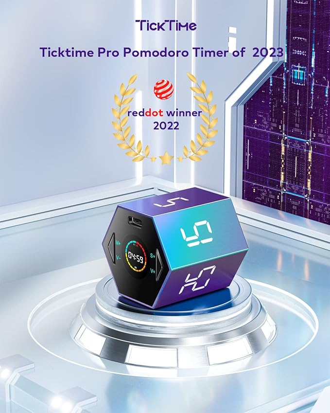 Ticktime Pomodoro Timer Cube, Hexagon Productivity Timer, Pause & Resume, Silent, Vibrate & Adjustable Sound Alert, for ADHD, Task, Work, Study, 5/15/25/30/45/60min & Custom Countdown, Purple